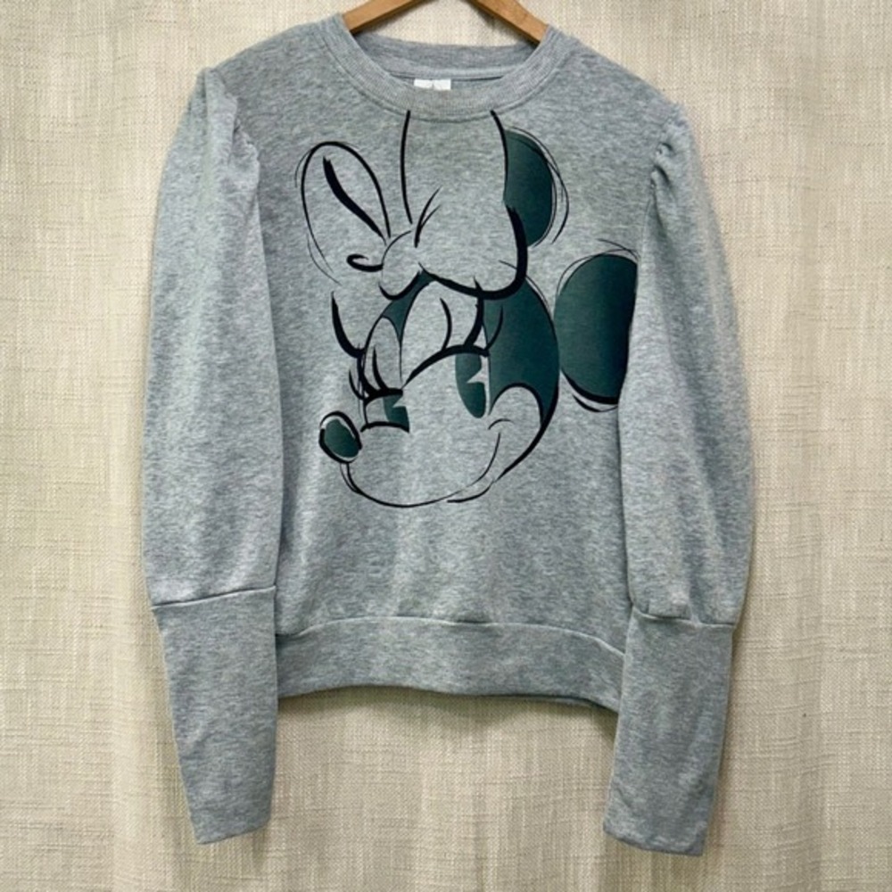 Disney Womens Large Minnie Mouse Sweatshirt Shoulder Ruffle Sleeve Cuffs Gray
